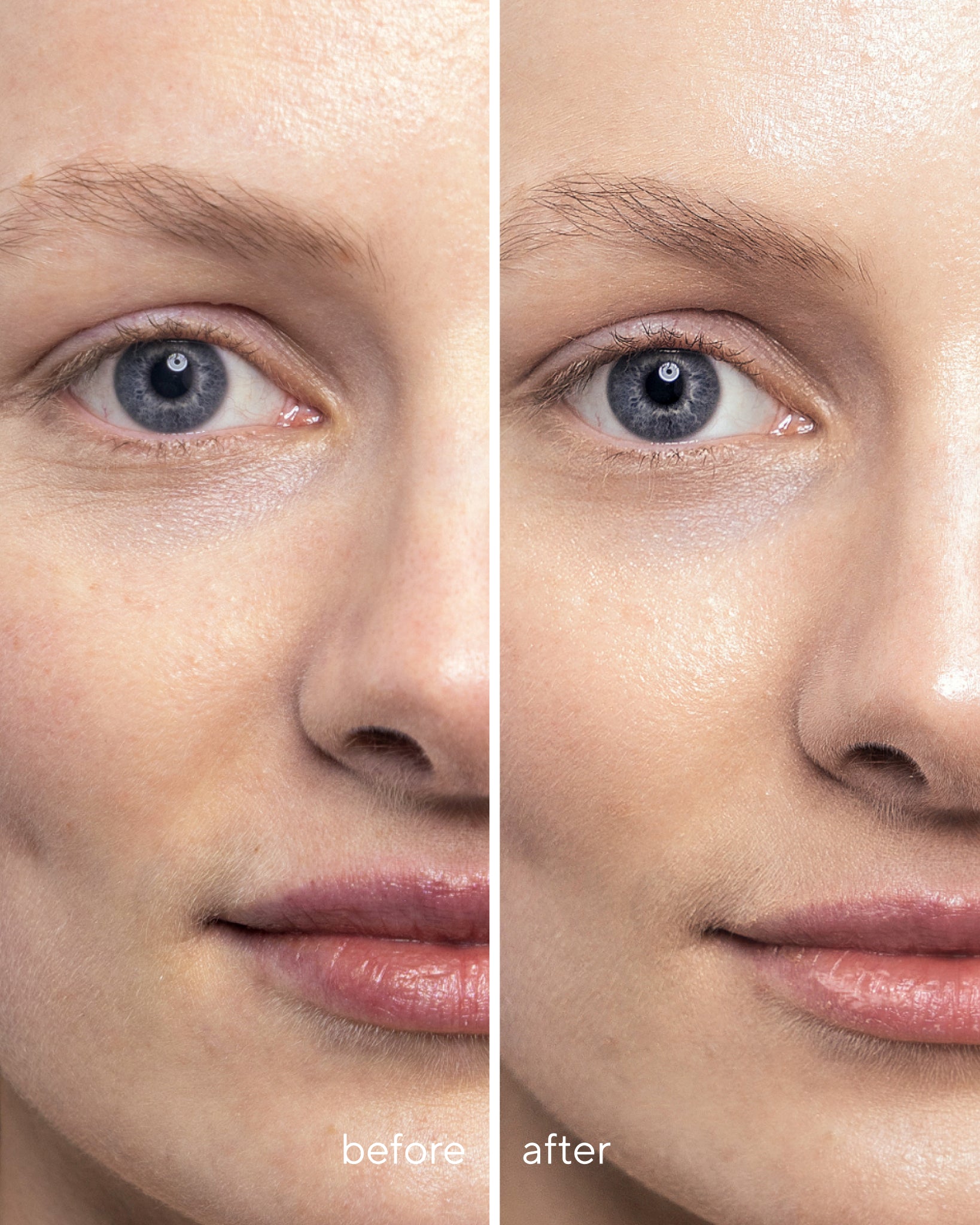 Model wearing MÁDARA Organic Skincare cc cream light on SM3411 15 face cream on skin; close-up portrait shows natural application results.