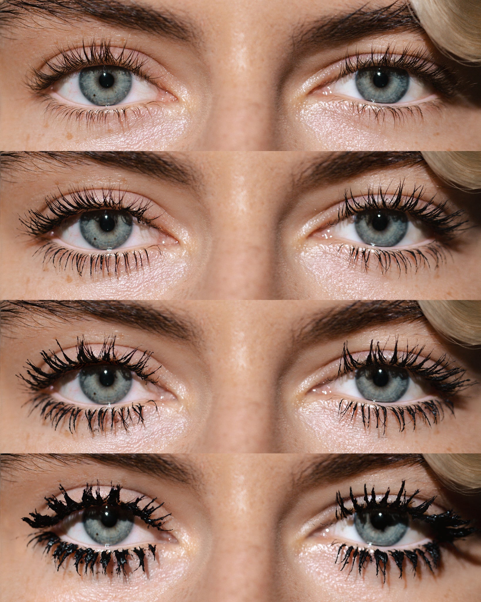 Model wearing MÁDARA Organic Skincare deep matter mascara on A6601 on skin; close-up portrait shows natural application results.