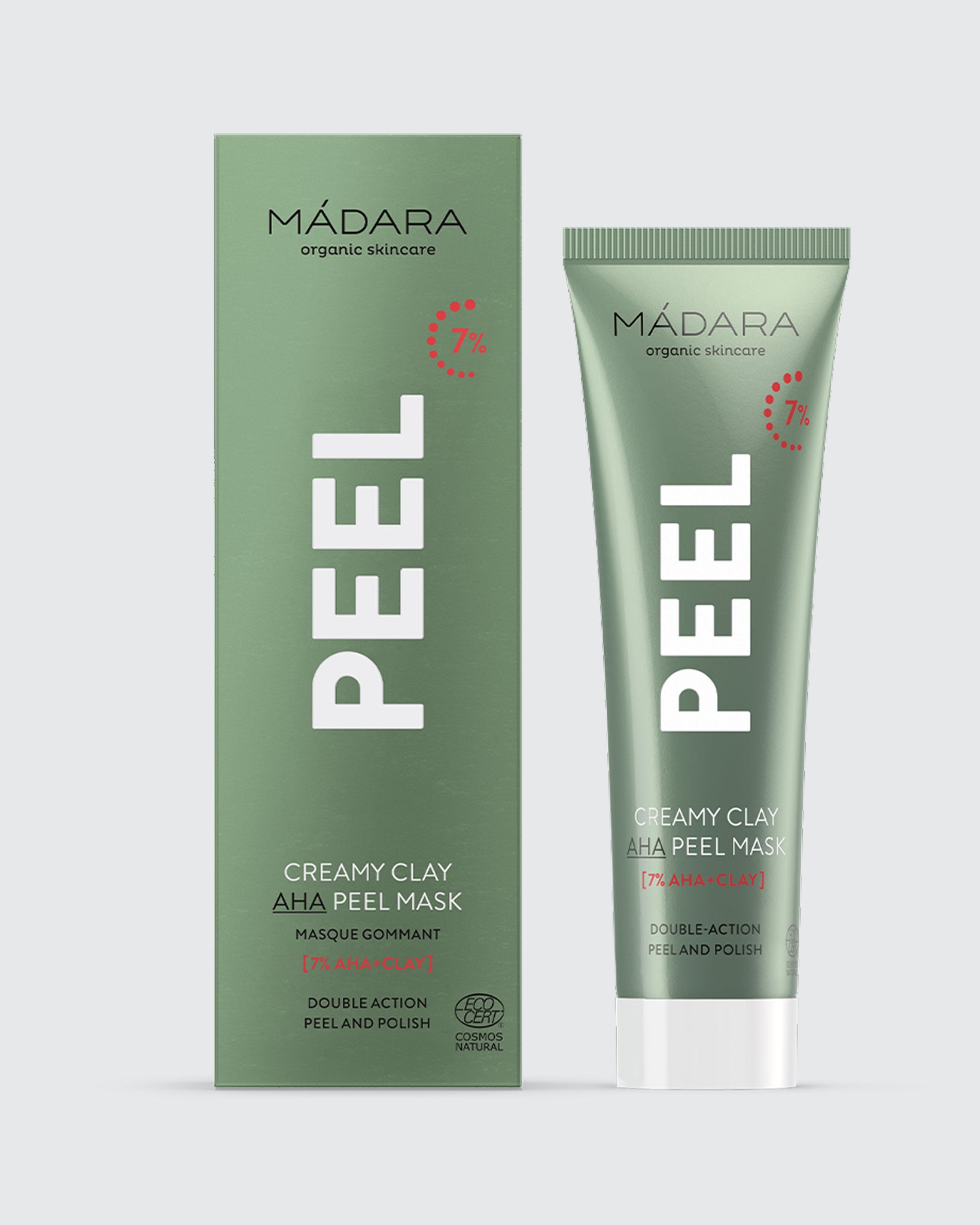 MÁDARA Organic Skincare creamy clay 7 aha clay mask 60ml A2105 face mask product photo on plain background.