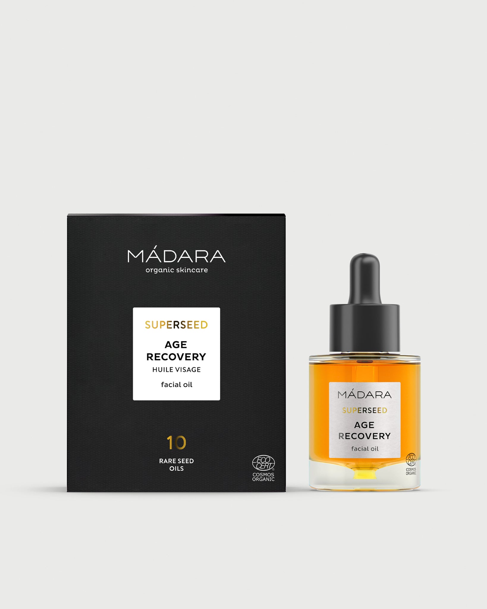 MÁDARA Organic Skincare oil for mature skin A2603 face oil product photo on plain background.