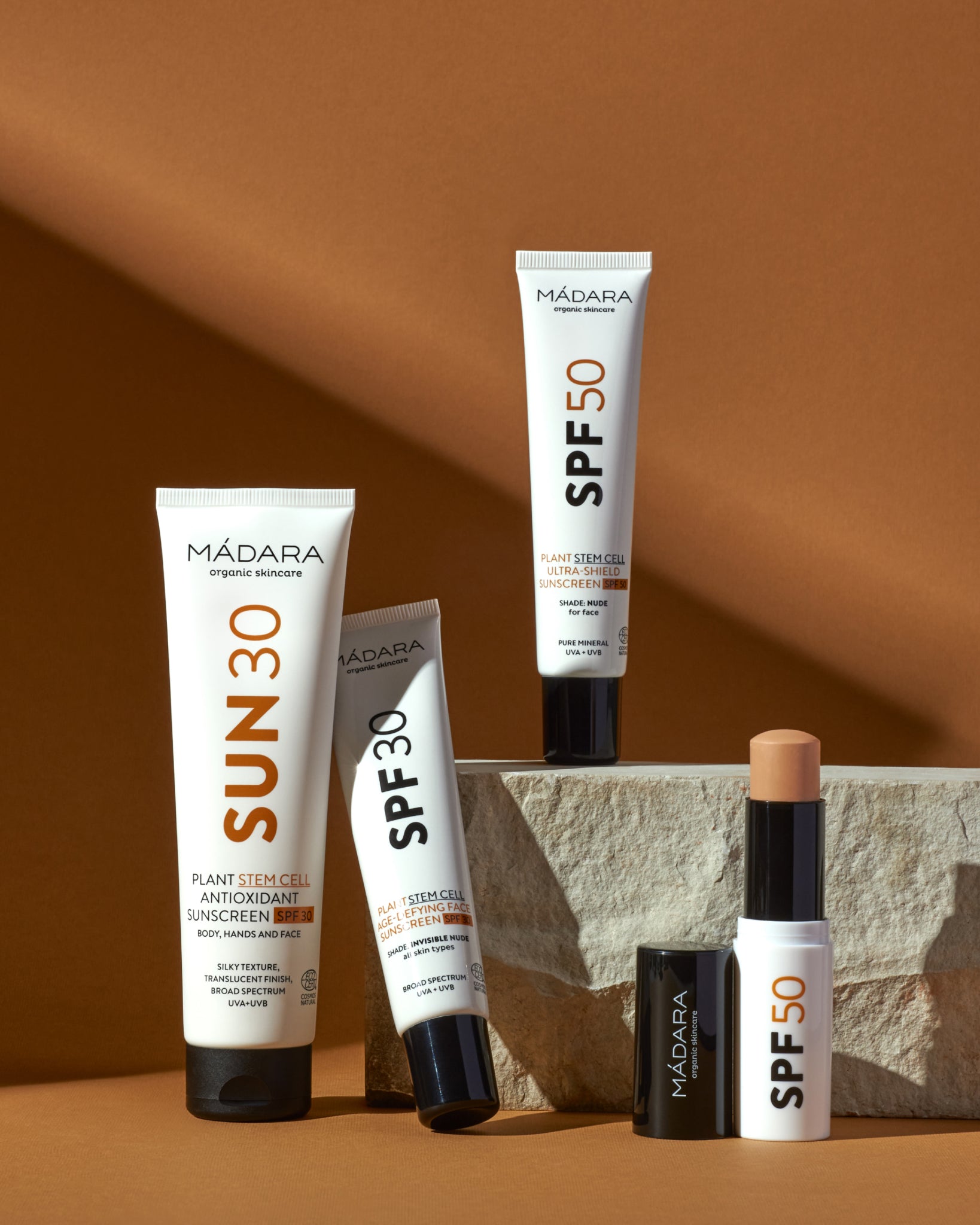 MÁDARA Organic Skincare spf collection A3415 mineral sunscreen product photo on plain background.