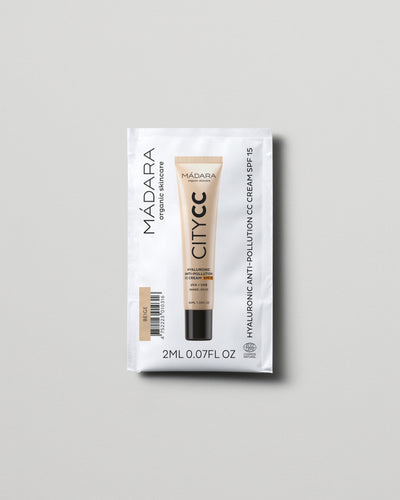 MÁDARA Organic Skincare hyaluronic anti pollution cc cream spf15 beige 2ml SC3414 2 face cream product photo on plain background.